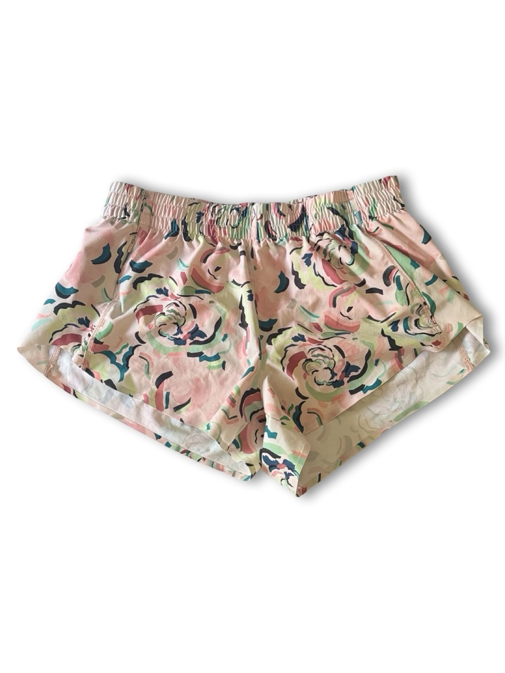 Athleta Hustle Shorts Pink Floral Print Lined Running Shorts zip pocket 3”